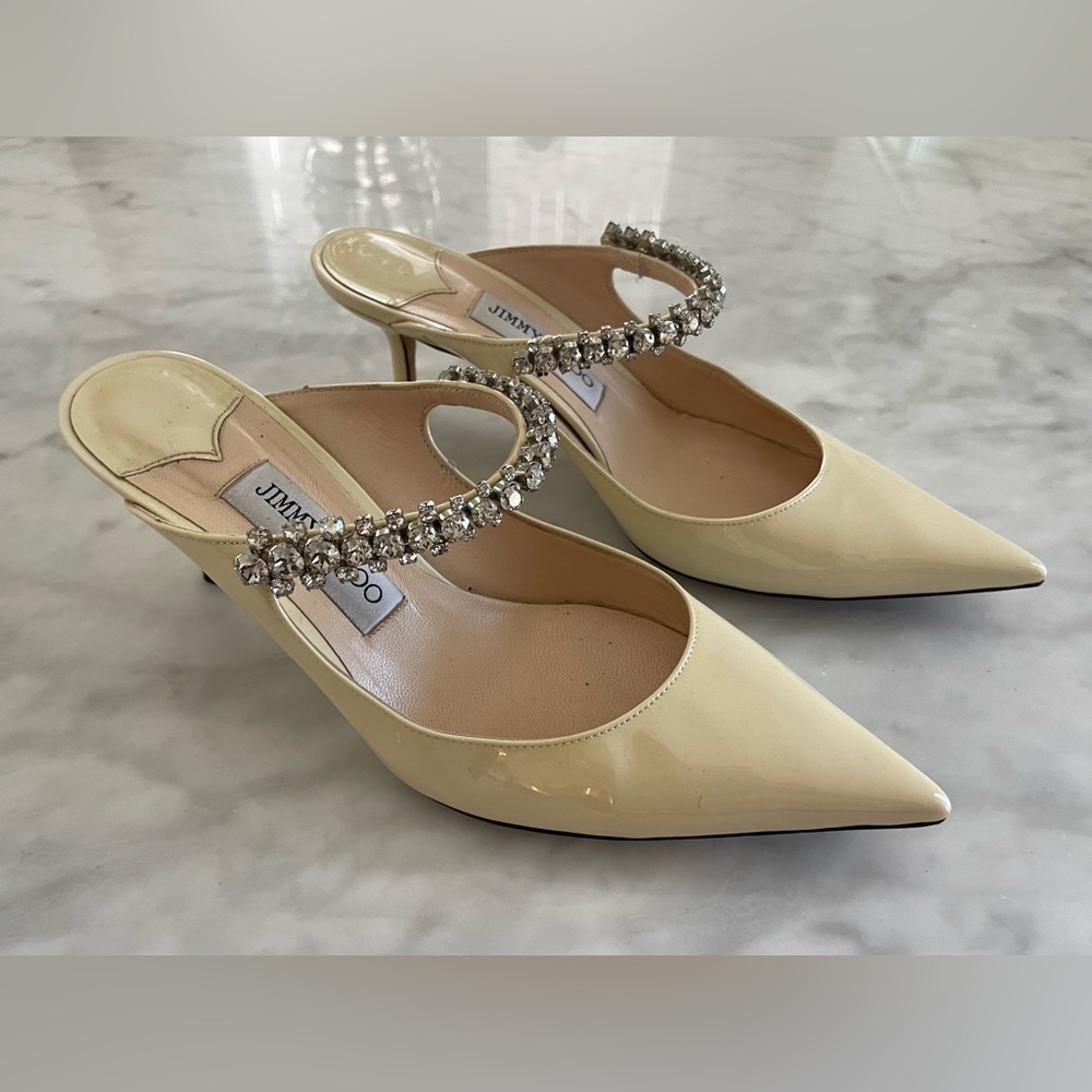 Jimmy Choo Patent Leather Pointed Mules with Crystal Strap